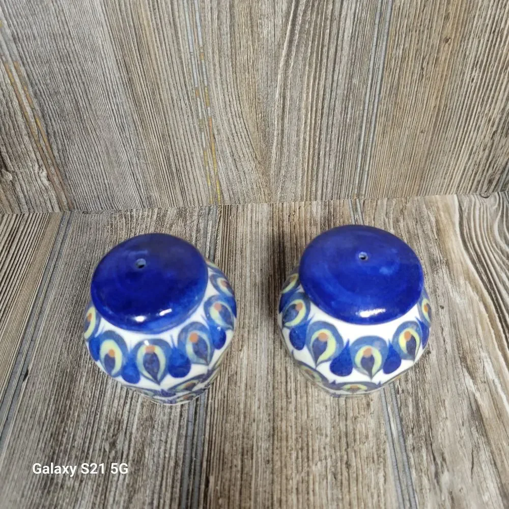 Vintage Ken Edwards Guate Mayan Pottery Salt Pepper Shakers Peacock Blue Ceramic